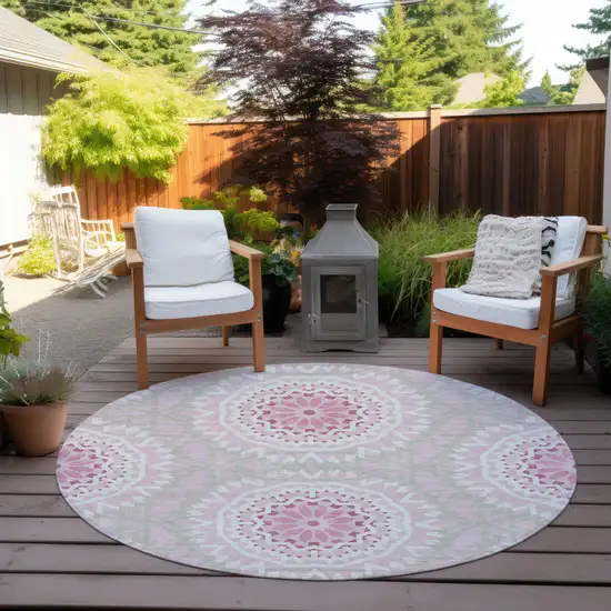 8' Pink Blush And Ivory Round Floral Medallion Washable Indoor Outdoor Area Rug Photo 5