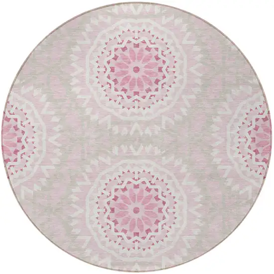 8' Pink Blush And Ivory Round Floral Medallion Washable Indoor Outdoor Area Rug Photo 4