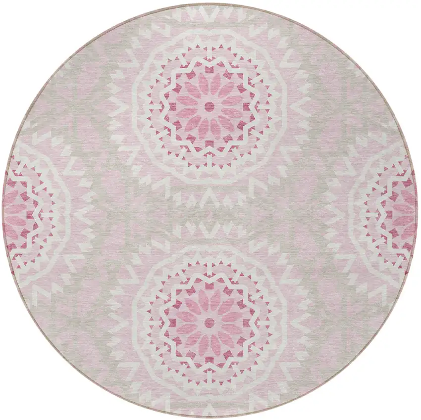 8' Pink Blush And Ivory Round Floral Medallion Washable Indoor Outdoor Area Rug Photo 4