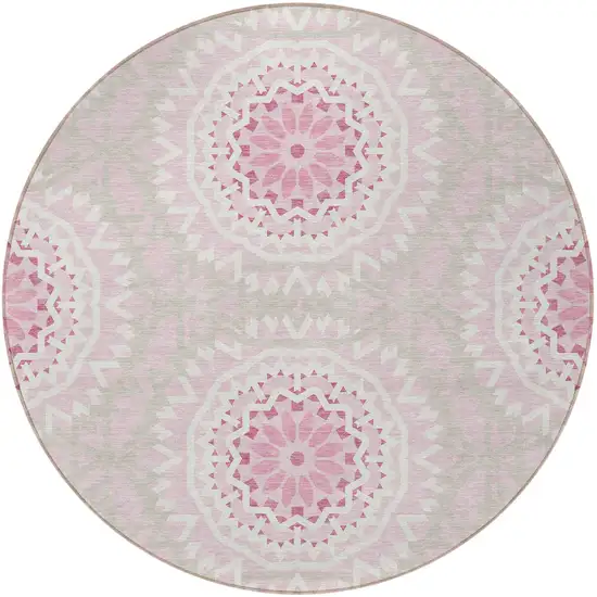 8' Pink Blush And Ivory Round Floral Medallion Washable Indoor Outdoor Area Rug Photo 4