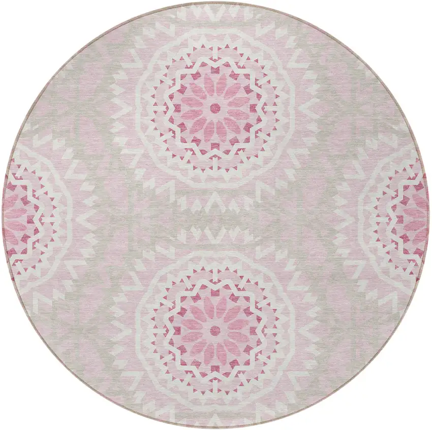 8' Pink Blush And Ivory Round Floral Medallion Washable Indoor Outdoor Area Rug Photo 4