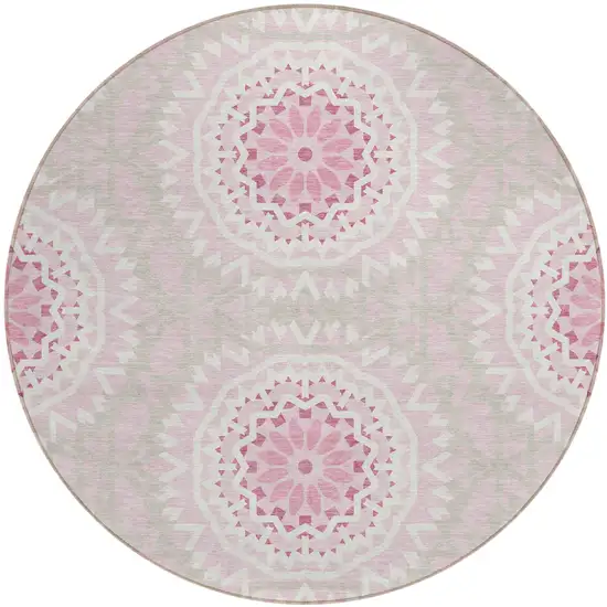 8' Pink Blush And Ivory Round Floral Medallion Washable Indoor Outdoor Area Rug Photo 2