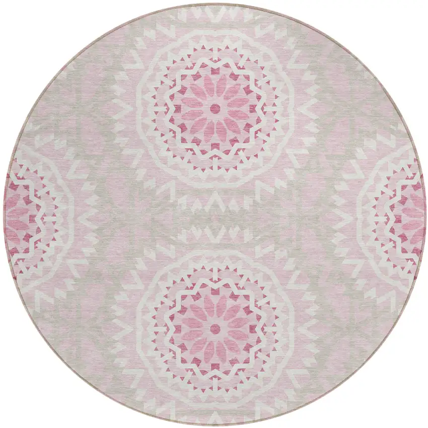 8' Pink Blush And Ivory Round Floral Medallion Washable Indoor Outdoor Area Rug Photo 2