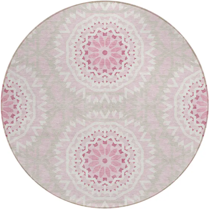 8' Pink Blush And Ivory Round Floral Medallion Washable Indoor Outdoor Area Rug Photo 2