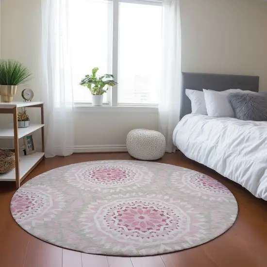 8' Pink Blush And Ivory Round Floral Medallion Washable Indoor Outdoor Area Rug Photo 6
