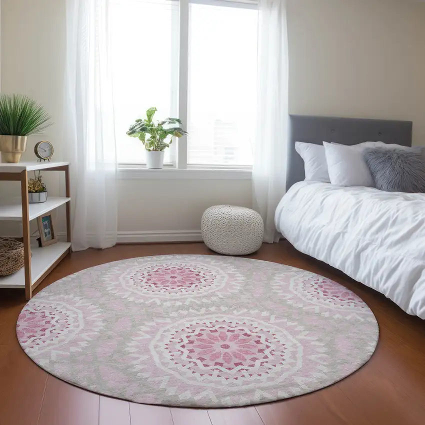 8' Pink Blush And Ivory Round Floral Medallion Washable Indoor Outdoor Area Rug Photo 6