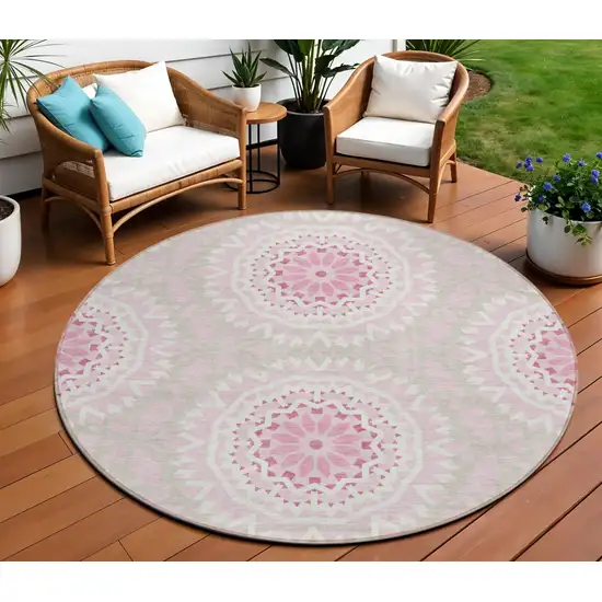 8' Pink Blush And Ivory Round Floral Medallion Washable Indoor Outdoor Area Rug Photo 1