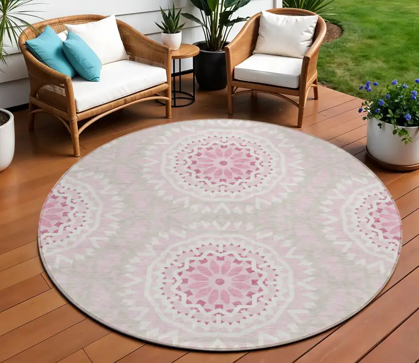 8' Pink Blush And Ivory Round Floral Medallion Washable Indoor Outdoor Area Rug Photo 1