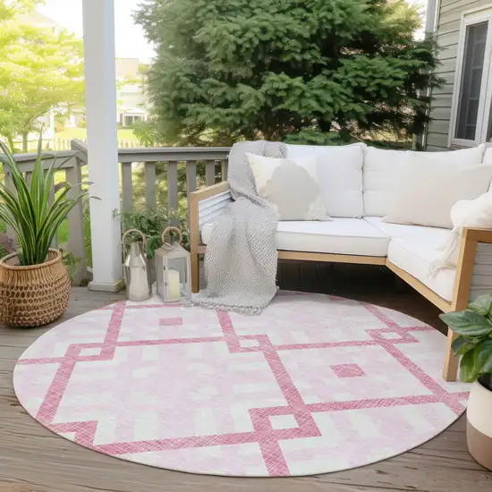 8' Pink Blush And Ivory Round Geometric Washable Indoor Outdoor Area Rug Photo 7