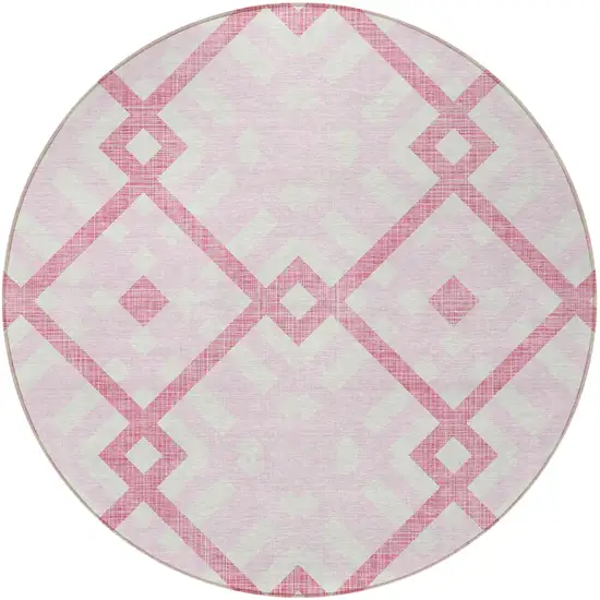 8' Pink Blush And Ivory Round Geometric Washable Indoor Outdoor Area Rug Photo 6
