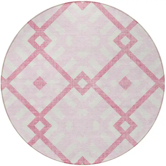 8' Pink Blush And Ivory Round Geometric Washable Indoor Outdoor Area Rug Photo 6