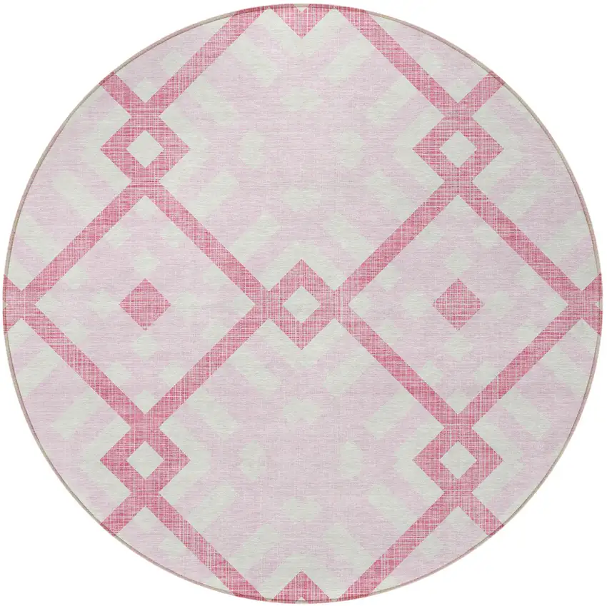 8' Pink Blush And Ivory Round Geometric Washable Indoor Outdoor Area Rug Photo 6