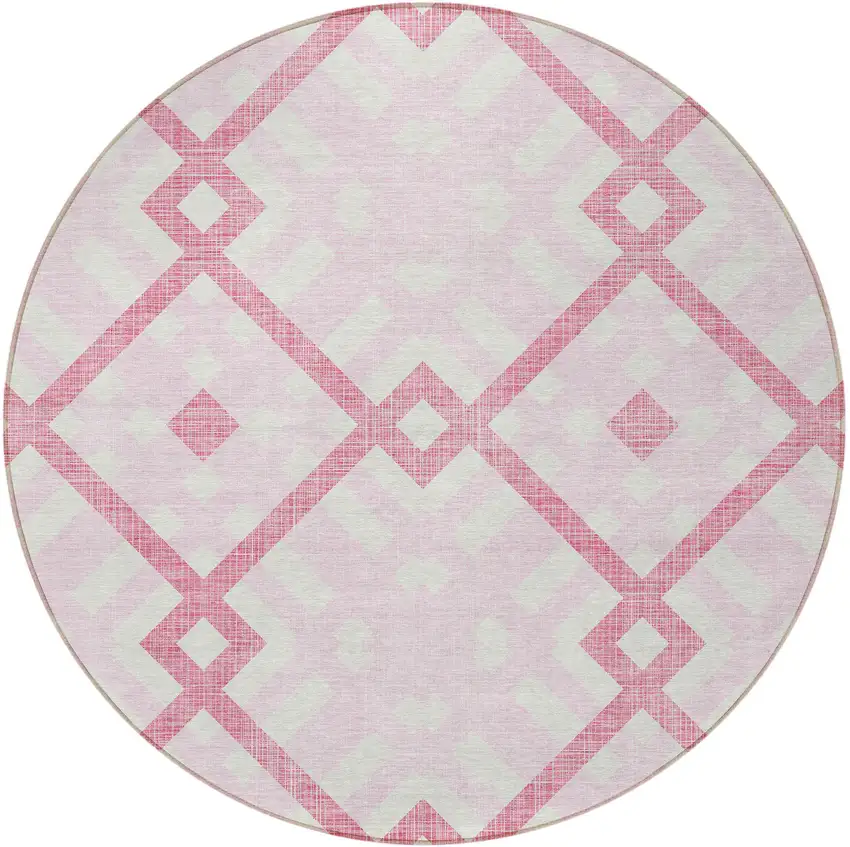 8' Pink Blush And Ivory Round Geometric Washable Indoor Outdoor Area Rug Photo 6