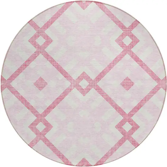 8' Pink Blush And Ivory Round Geometric Washable Indoor Outdoor Area Rug Photo 2