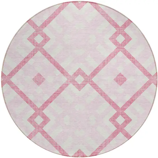 8' Pink Blush And Ivory Round Geometric Washable Indoor Outdoor Area Rug Photo 2