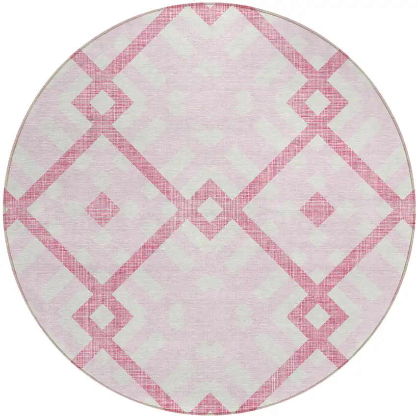 8' Pink Blush And Ivory Round Geometric Washable Indoor Outdoor Area Rug Photo 2