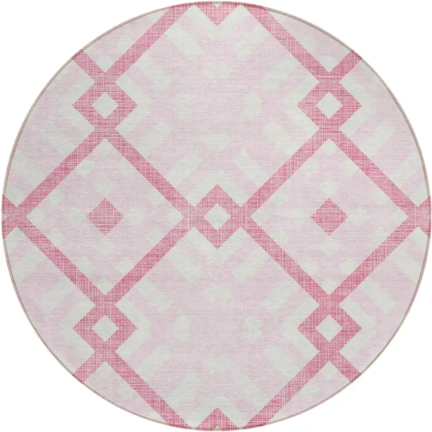 8' Pink Blush And Ivory Round Geometric Washable Indoor Outdoor Area Rug Photo 2