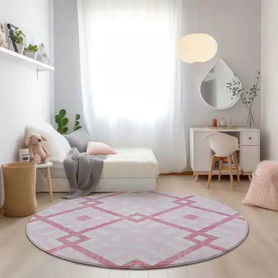 8' Pink Blush And Ivory Round Geometric Washable Indoor Outdoor Area Rug Photo 8