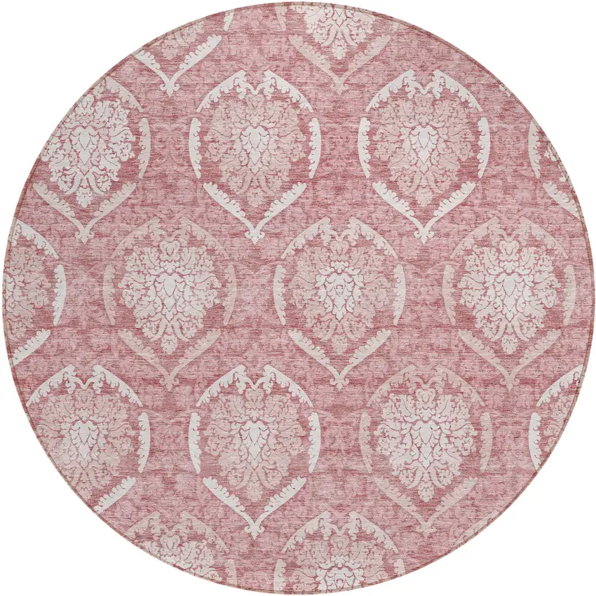 8' Pink Blush And Ivory Round Medallion Washable Indoor Outdoor Area Rug Photo 2