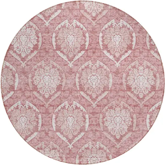 8' Pink Blush And Ivory Round Medallion Washable Indoor Outdoor Area Rug Photo 2