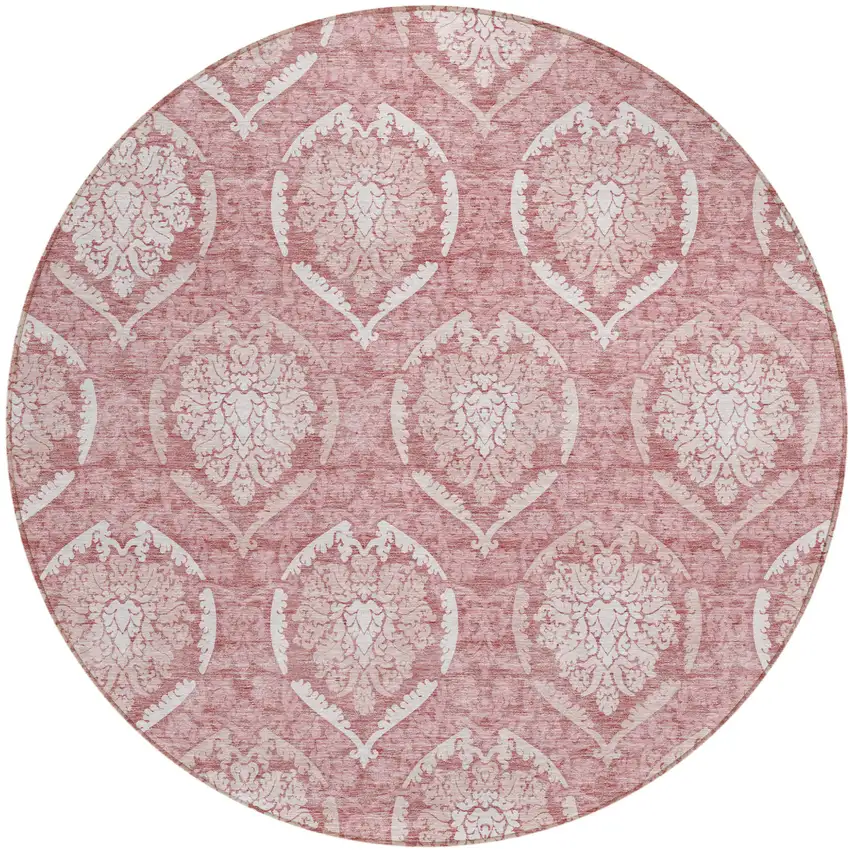 8' Pink Blush And Ivory Round Medallion Washable Indoor Outdoor Area Rug Photo 2
