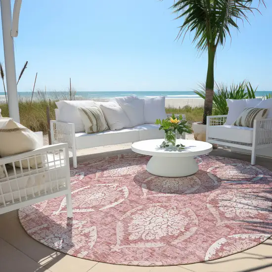 8' Pink Blush And Ivory Round Medallion Washable Indoor Outdoor Area Rug Photo 7