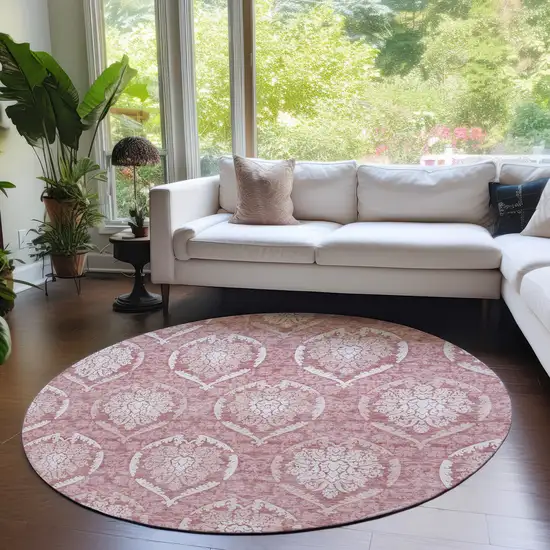 8' Pink Blush And Ivory Round Medallion Washable Indoor Outdoor Area Rug Photo 8