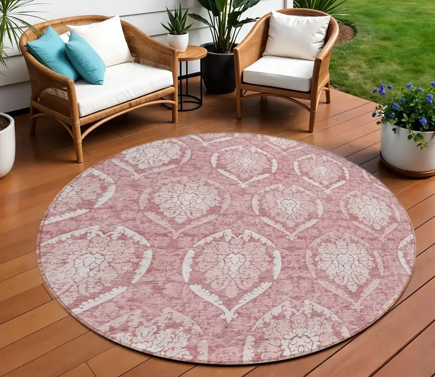 8' Pink Blush And Ivory Round Medallion Washable Indoor Outdoor Area Rug Photo 1