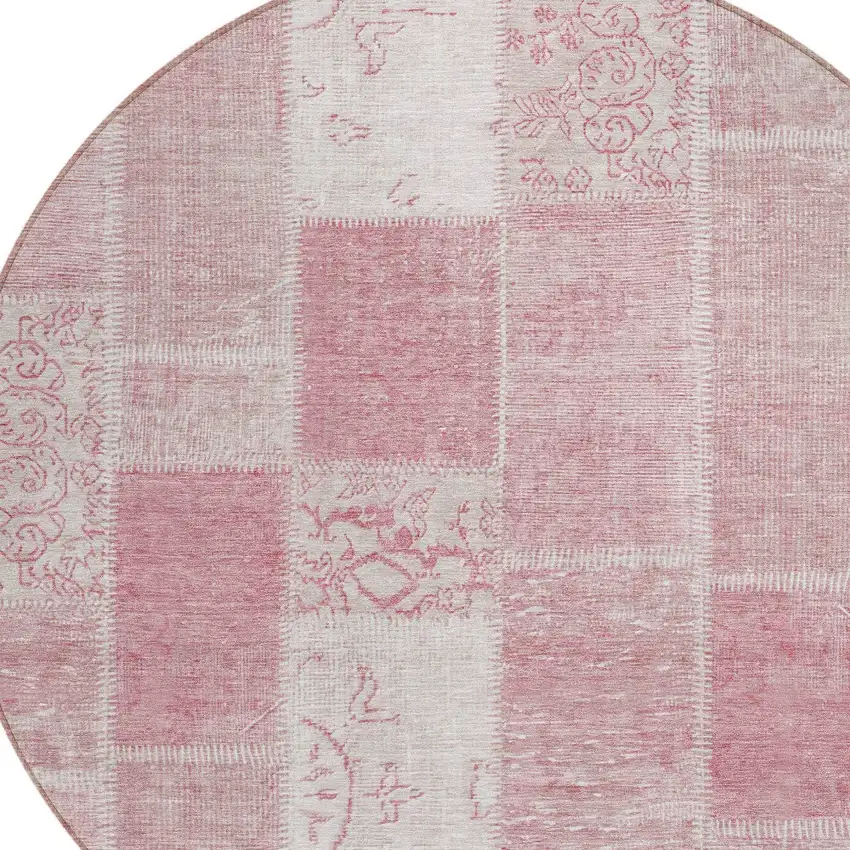 8' Pink Blush And Ivory Round Patchwork Washable Indoor Outdoor Area Rug Photo 4