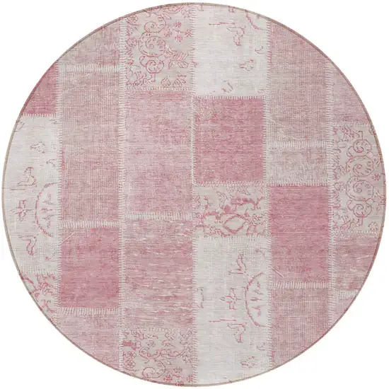 8' Pink Blush And Ivory Round Patchwork Washable Indoor Outdoor Area Rug Photo 5