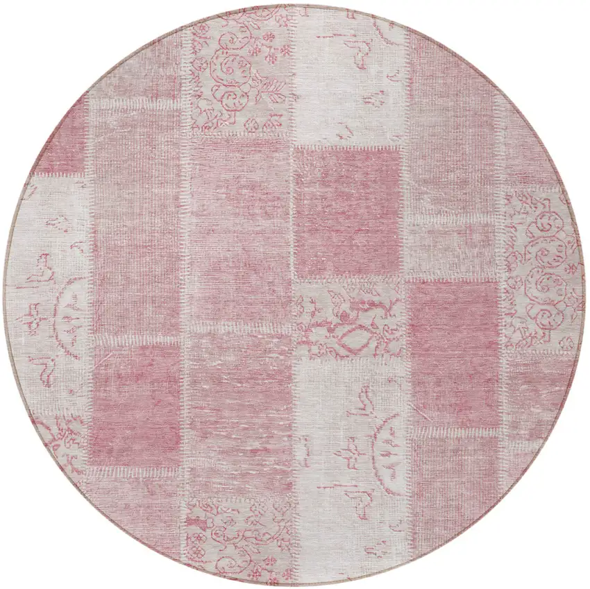 8' Pink Blush And Ivory Round Patchwork Washable Indoor Outdoor Area Rug Photo 5