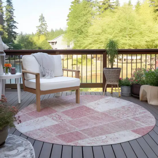 8' Pink Blush And Ivory Round Patchwork Washable Indoor Outdoor Area Rug Photo 6