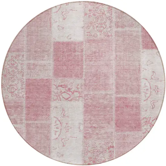 8' Pink Blush And Ivory Round Patchwork Washable Indoor Outdoor Area Rug Photo 1
