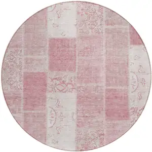 Photo of 8' Pink Blush And Ivory Round Patchwork Washable Indoor Outdoor Area Rug