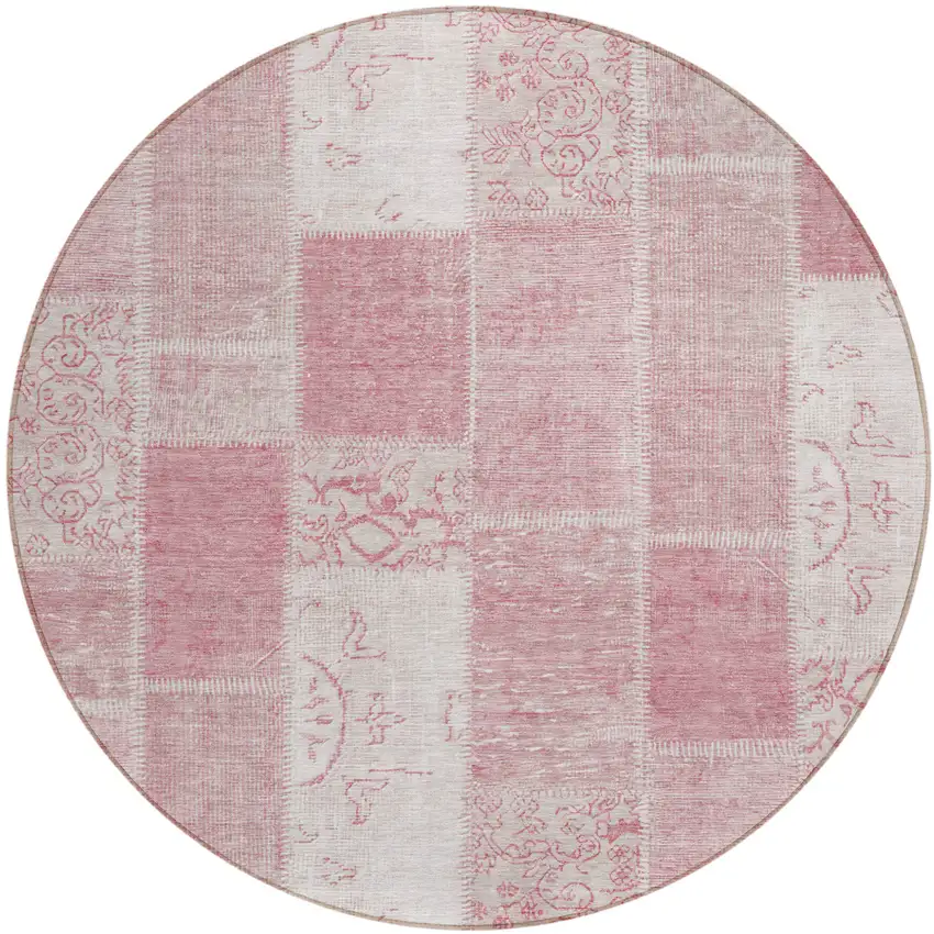 8' Pink Blush And Ivory Round Patchwork Washable Indoor Outdoor Area Rug Photo 1