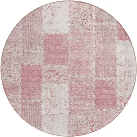 8' Pink Blush And Ivory Round Patchwork Washable Indoor Outdoor Area Rug Photo 1