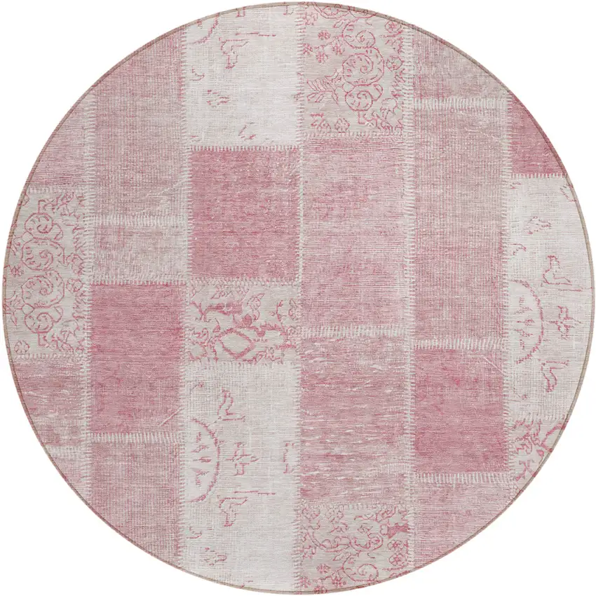 8' Pink Blush And Ivory Round Patchwork Washable Indoor Outdoor Area Rug Photo 1
