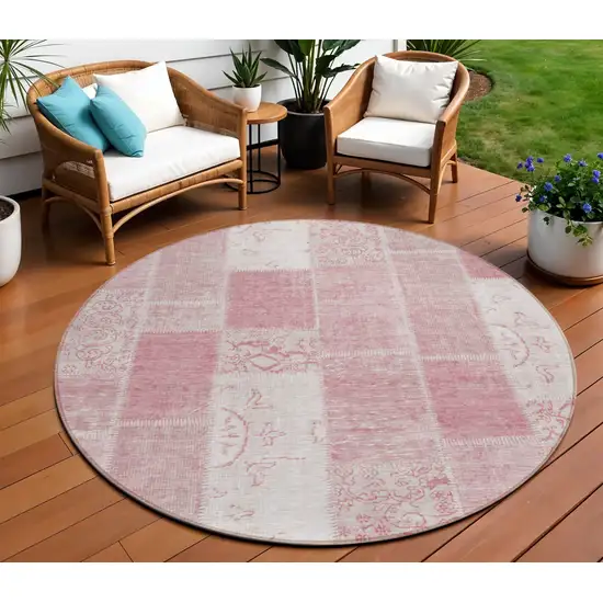 8' Pink Blush And Ivory Round Patchwork Washable Indoor Outdoor Area Rug Photo 1