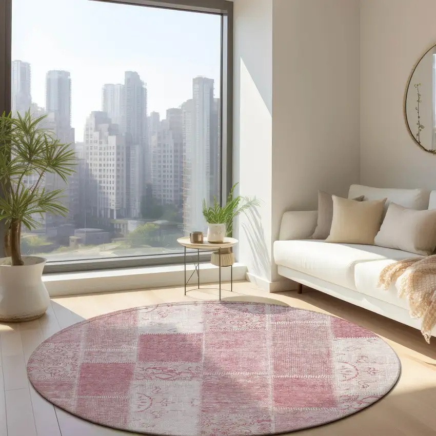 8' Pink Blush And Ivory Round Patchwork Washable Indoor Outdoor Area Rug Photo 7