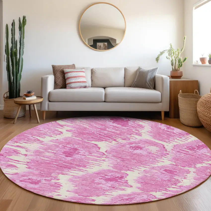 8' Pink Blush And Mauve Round Abstract Washable Indoor Outdoor Area Rug Photo 7
