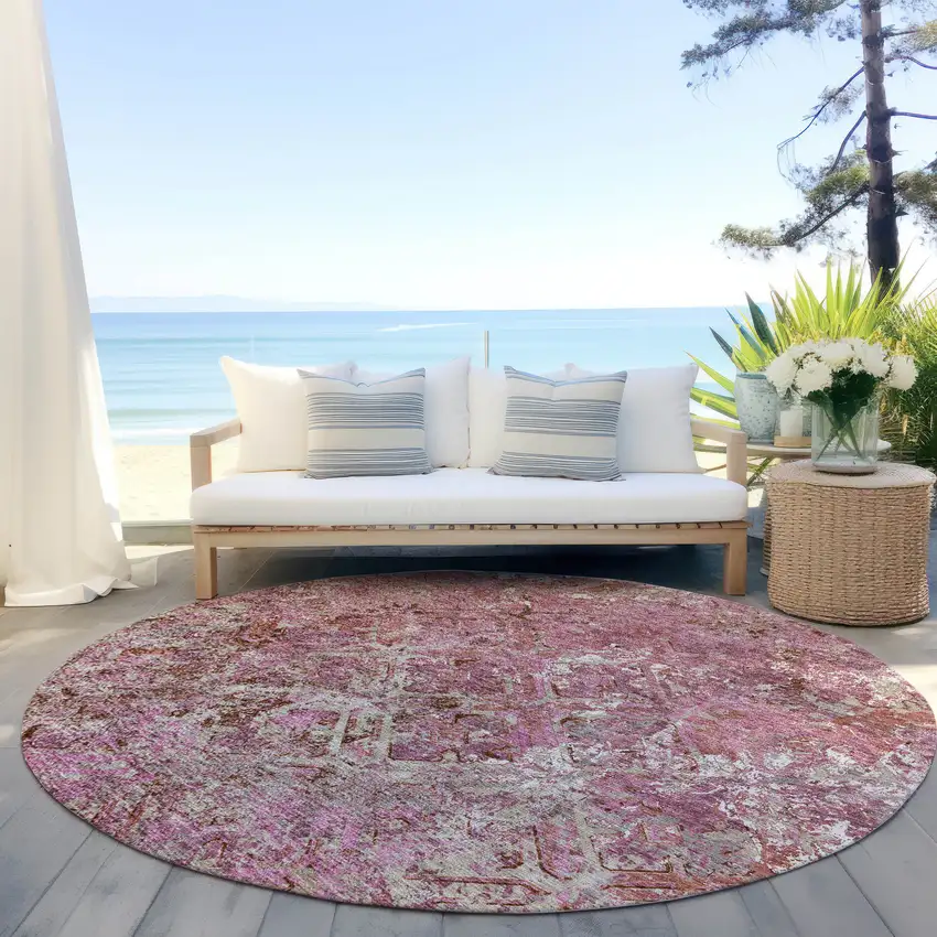 8' Pink Blush And Mauve Round Geometric Washable Indoor Outdoor Area Rug Photo 6