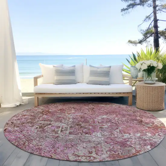 8' Pink Blush And Mauve Round Geometric Washable Indoor Outdoor Area Rug Photo 6