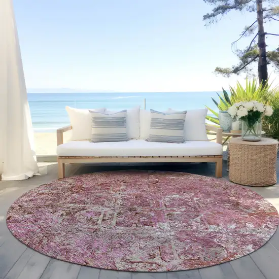 8' Pink Blush And Mauve Round Geometric Washable Indoor Outdoor Area Rug Photo 6
