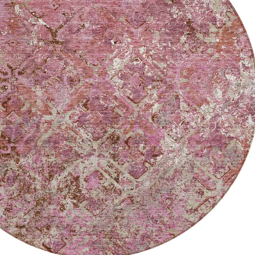 8' Pink Blush And Mauve Round Geometric Washable Indoor Outdoor Area Rug Photo 4