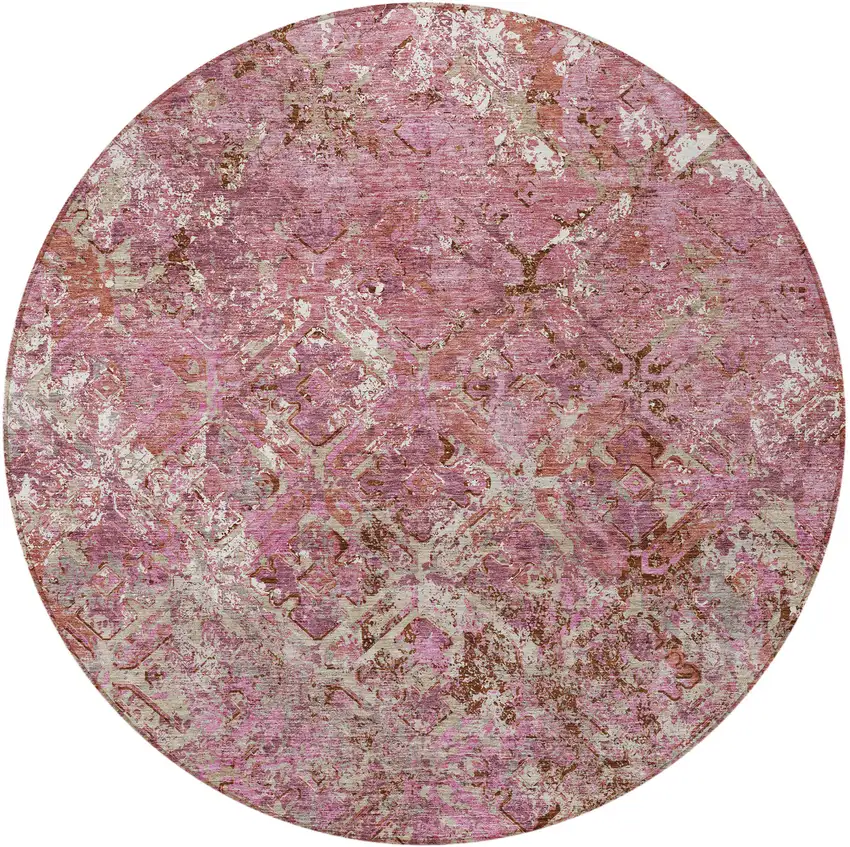 8' Pink Blush And Mauve Round Geometric Washable Indoor Outdoor Area Rug Photo 5
