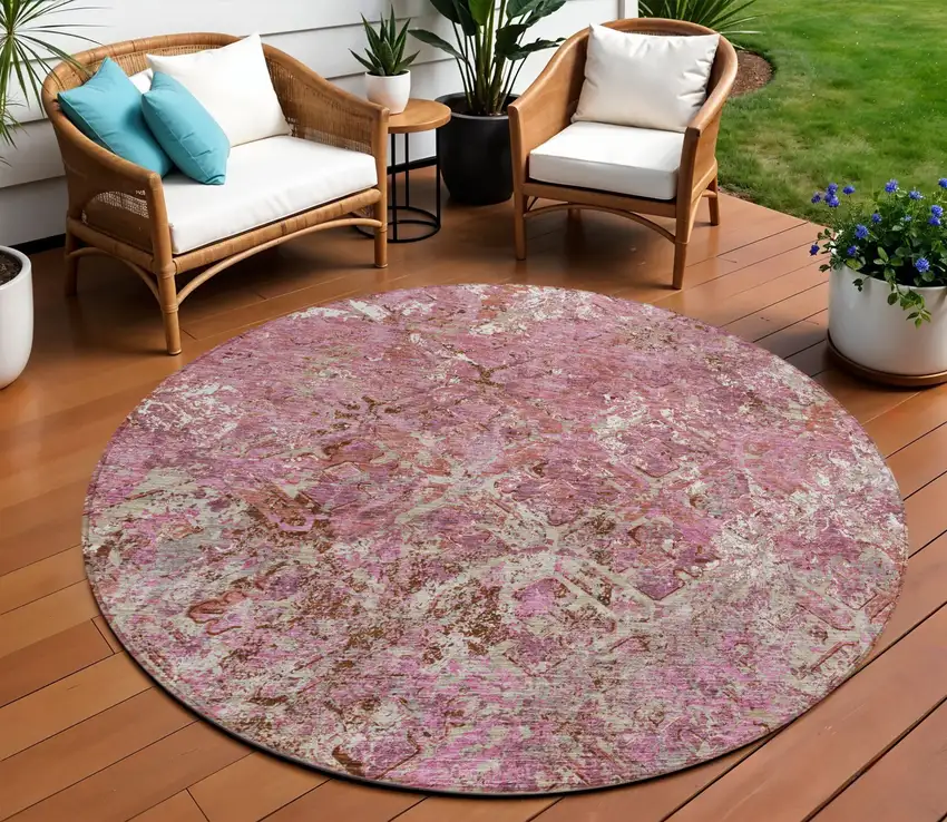 8' Pink Blush And Mauve Round Geometric Washable Indoor Outdoor Area Rug Photo 1