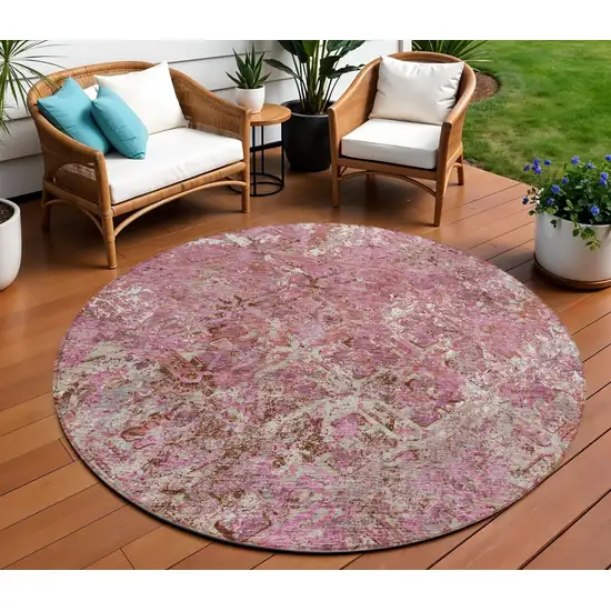 8' Pink Blush And Mauve Round Geometric Washable Indoor Outdoor Area Rug Photo 1