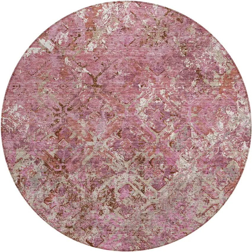 8' Pink Blush And Mauve Round Geometric Washable Indoor Outdoor Area Rug Photo 1