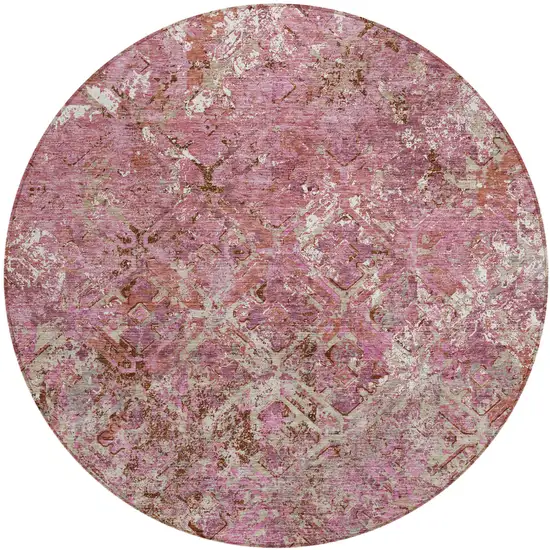 8' Pink Blush And Mauve Round Geometric Washable Indoor Outdoor Area Rug Photo 1