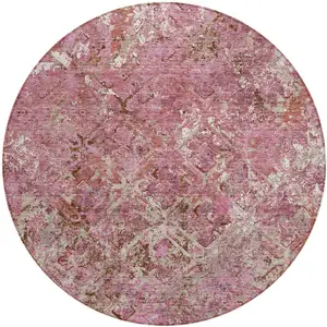 Photo of 8' Pink Blush And Mauve Round Geometric Washable Indoor Outdoor Area Rug